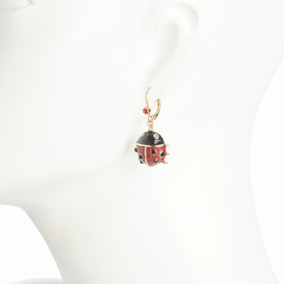 NEW Betsey Johnson Ladybug Leverback Dangle Earrings Gold Tone Red Crystals NWT - Picture 5 of 5